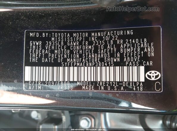 5YFEPMAE8NP380415 2022 TOYOTA LL Black Vista del compartimento del motor