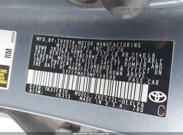 5YFEPMAE9MP149599 2021 TOYOTA COROLLA Blue Widok komory silnika