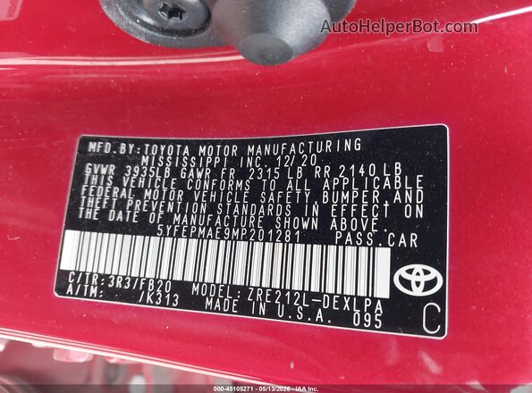 5YFEPMAE9MP201281 2021 TOYOTA LL Red ძრავის განყოფილების ხედი