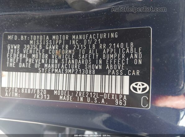 5YFEPMAE9MP213088 2021 TOYOTA COROLLA Blue Вид підкапотного простору