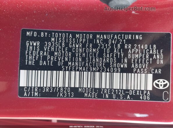5YFEPMAE9MP234099 2021 TOYOTA LL Maroon ძრავის განყოფილების ხედი