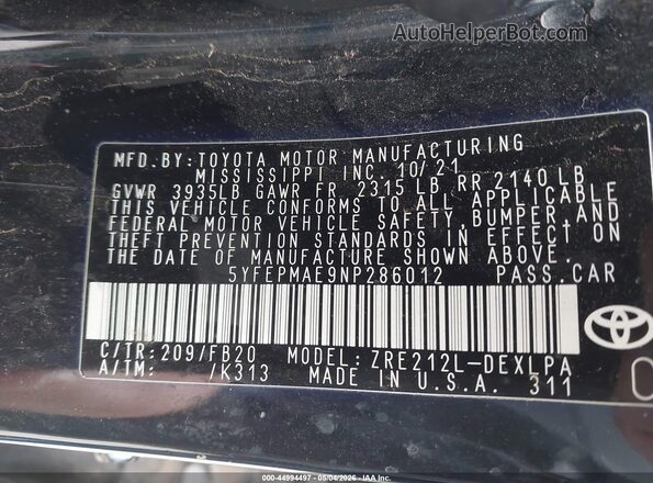 5YFEPMAE9NP286012 2022 TOYOTA LL Black Engine compartment view