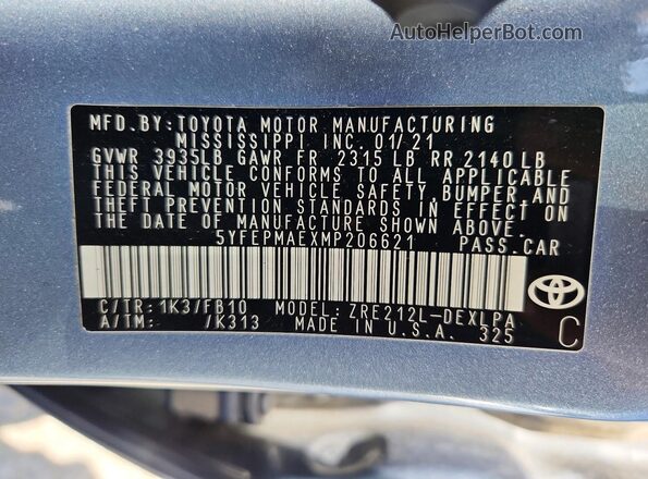 5YFEPMAEXMP206621 2021 TOYOTA LL Blue Widok komory silnika