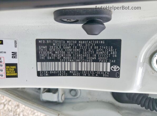 5YFEPMAEXMP221460 2021 TOYOTA LL White VIN sticker view