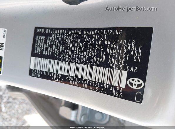 5YFEPMAEXMP232443 2021 TOYOTA COROLLA Silver Вид підкапотного простору