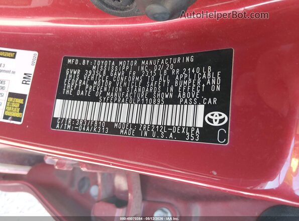 5YFEPRAE0LP110895 2020 TOYOTA LL Red Engine compartment view