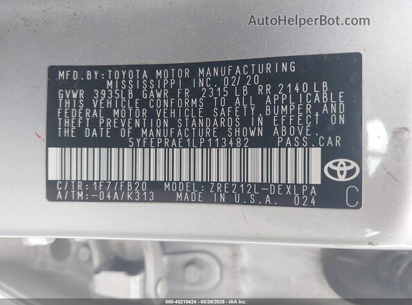 5YFEPRAE1LP113482 2020 TOYOTA COROLLA Silver Vista del compartimento del motor