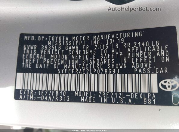 5YFEPRAE2LP078693 2020 TOYOTA COROLLA Silver Engine compartment view