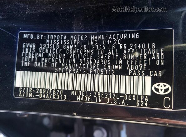 5YFEPRAE2LP105312 2020 TOYOTA LL Black 