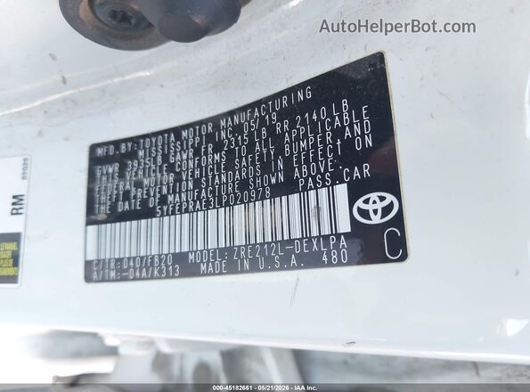 5YFEPRAE3LP020978 2020 TOYOTA COROLLA White Engine compartment view