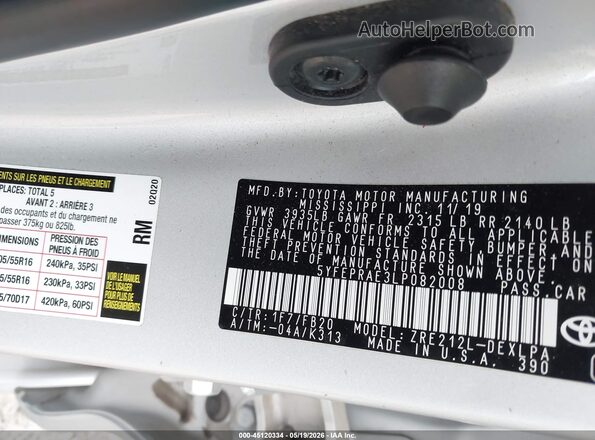 5YFEPRAE3LP082008 2020 TOYOTA COROLLA Серебряный 