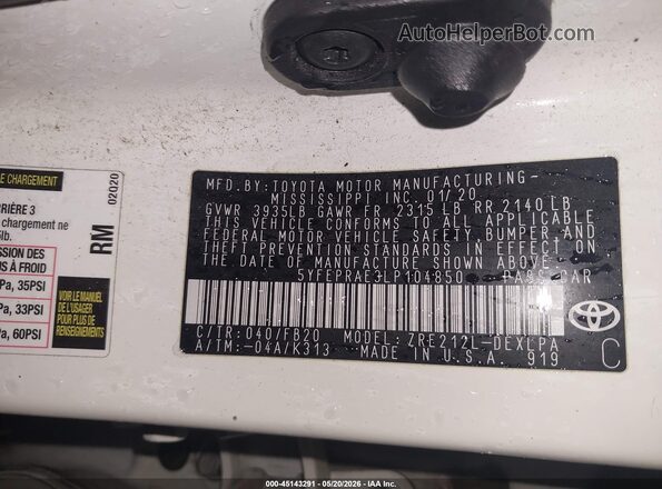 5YFEPRAE3LP104850 2020 TOYOTA COROLLA Белый Вид подкапотного пространства