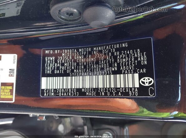 5YFEPRAE4LP021315 2020 TOYOTA LL Black 