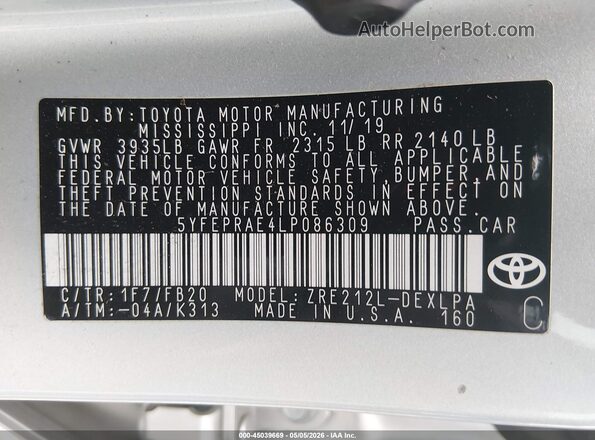 5YFEPRAE4LP086309 2020 TOYOTA LL Silver Engine compartment view