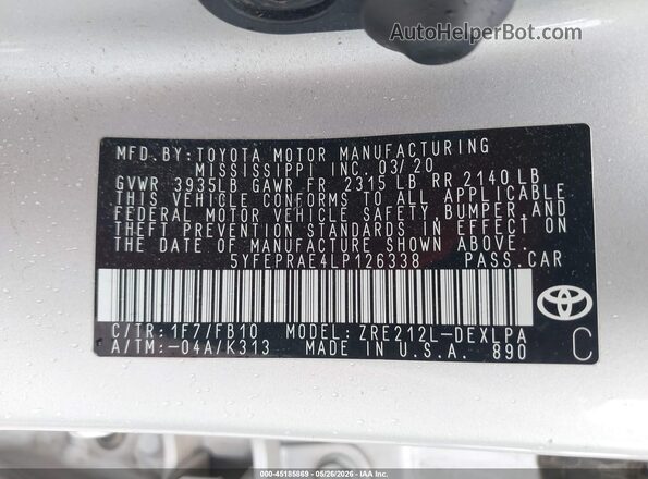 5YFEPRAE4LP126338 2020 TOYOTA COROLLA Silver Вид підкапотного простору