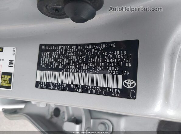 5YFEPRAE4LP133757 2020 TOYOTA COROLLA Silver 