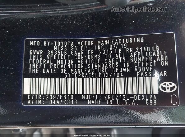 5YFEPRAE5LP037104 2020 TOYOTA LL Black Vista del compartimento del motor