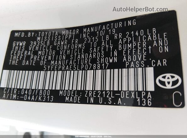5YFEPRAE5LP078817 2020 TOYOTA LL Белый Вид подкапотного пространства