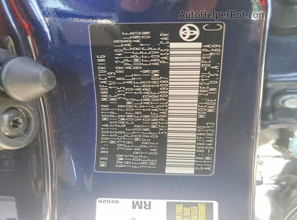 5YFEPRAE5LP089087 2020 TOYOTA COROLLA Blue Vista del compartimento del motor