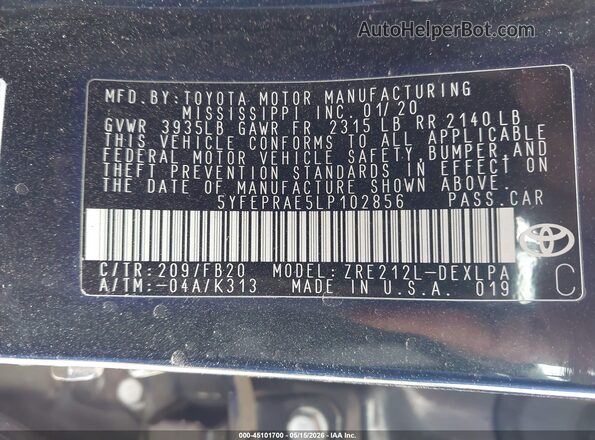 5YFEPRAE5LP102856 2020 TOYOTA COROLLA Черный Вид подкапотного пространства