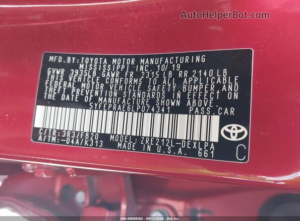 5YFEPRAE6LP074341 2020 TOYOTA LL Красный Вид подкапотного пространства