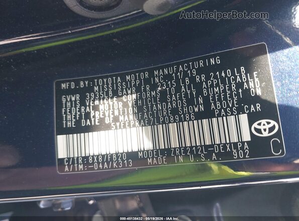 5YFEPRAE7LP089186 2020 TOYOTA COROLLA Blue Engine compartment view