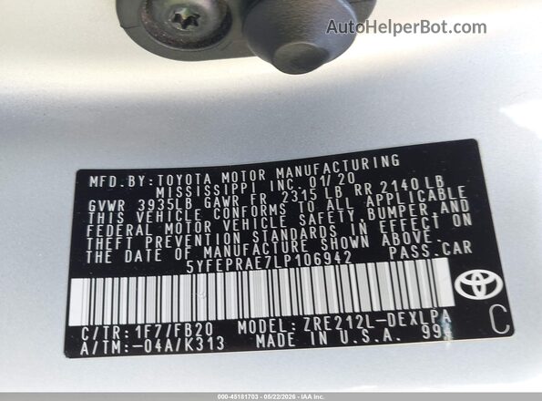 5YFEPRAE7LP106942 2020 TOYOTA COROLLA Silver Engine compartment view