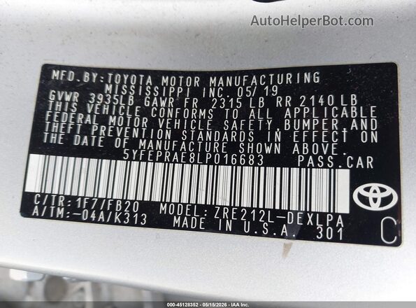 5YFEPRAE8LP016683 2020 TOYOTA COROLLA Gray Շարժիչի բաժամունքի տեսք