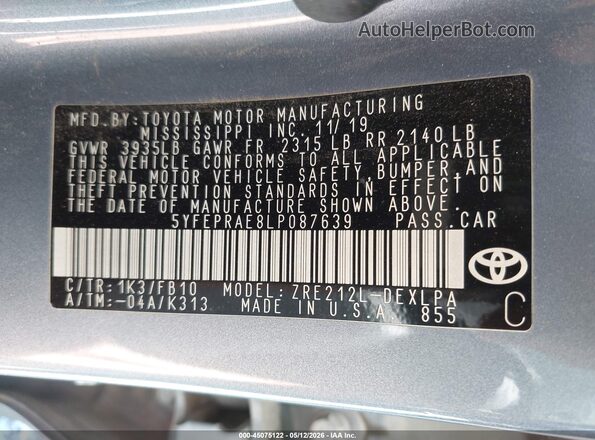 5YFEPRAE8LP087639 2020 TOYOTA LL Blue Widok komory silnika
