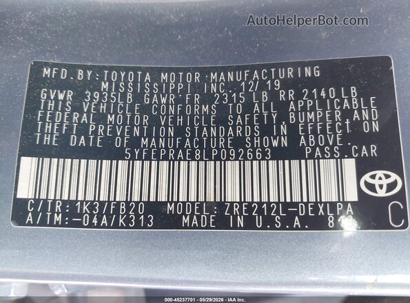 5YFEPRAE8LP092663 2020 TOYOTA COROLLA Light Blue ძრავის განყოფილების ხედი