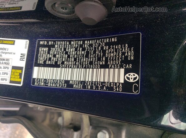 5YFEPRAE9LP119000 2020 TOYOTA LL Черный Вид подкапотного пространства