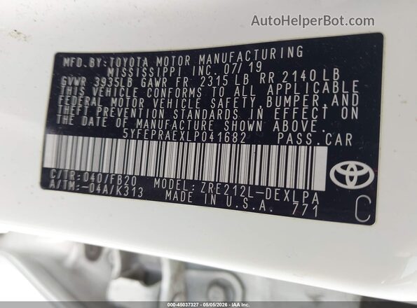 5YFEPRAEXLP041682 2020 TOYOTA LL Белый Вид подкапотного пространства