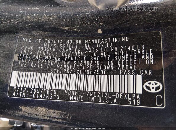 5YFEPRAEXLP067506 2020 TOYOTA COROLLA Черный Вид подкапотного пространства