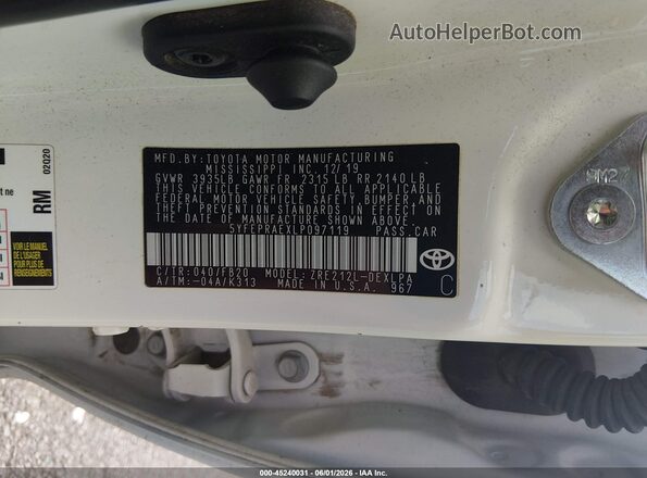 5YFEPRAEXLP097119 2020 TOYOTA COROLLA White Вид підкапотного простору