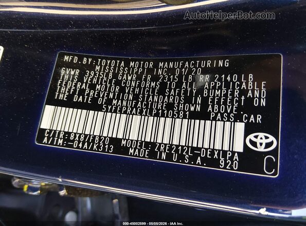 5YFEPRAEXLP110581 2020 TOYOTA LL Dark Blue Widok komory silnika