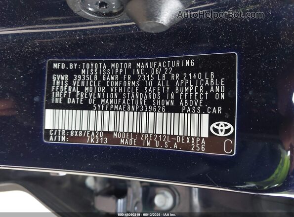 5YFFPMAE8NP339626 2022 TOYOTA LL Синий Вид подкапотного пространства