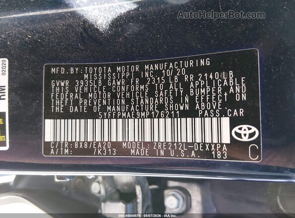 5YFFPMAE9MP176211 2021 TOYOTA LL Blue Вид підкапотного простору