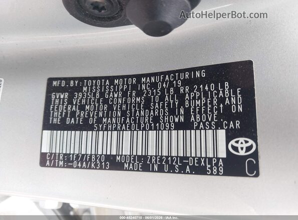 5YFHPRAE0LP011099 2020 TOYOTA COROLLA Silver Vista del compartimento del motor