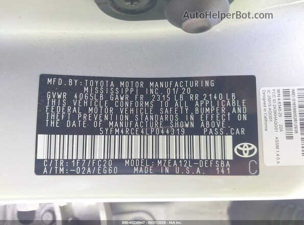 5YFM4RCE4LP044319 2020 TOYOTA COROLLA Silver 