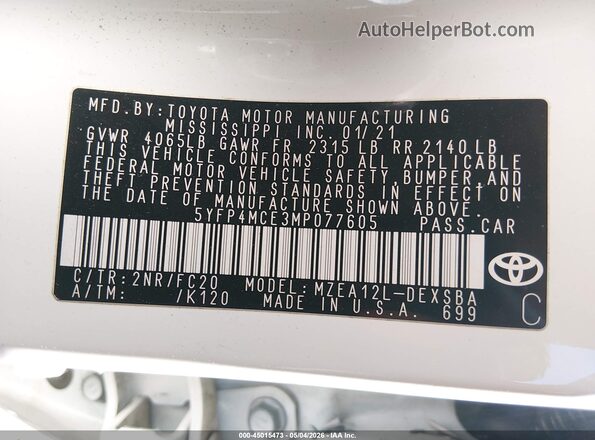 5YFP4MCE3MP077605 2021 TOYOTA LL Белый Вид подкапотного пространства