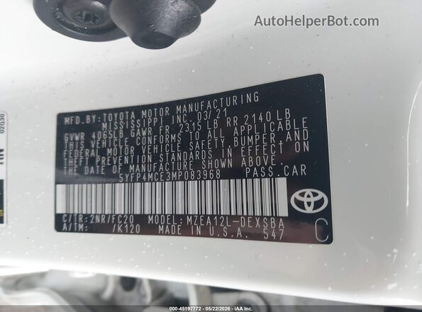 5YFP4MCE3MP083968 2021 TOYOTA COROLLA White Շարժիչի բաժամունքի տեսք