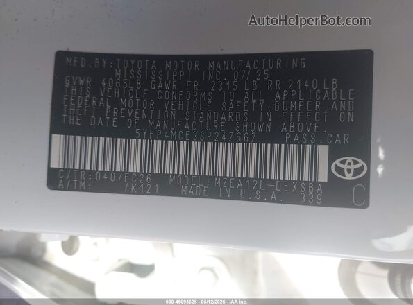 5YFP4MCE3SP247667 2025 TOYOTA LL White ძრავის განყოფილების ხედი