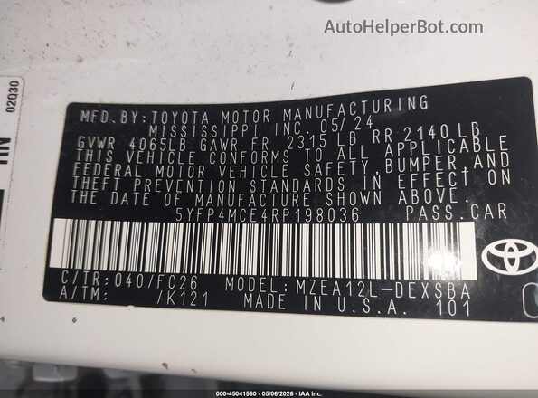 5YFP4MCE4RP198036 2024 TOYOTA LL White Engine compartment view