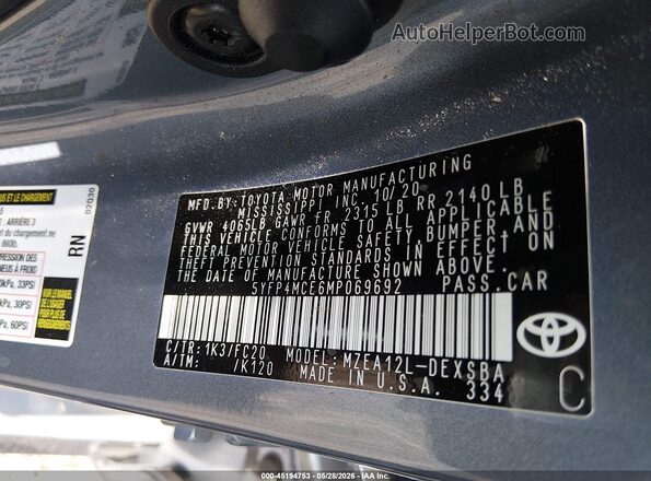 5YFP4MCE6MP069692 2021 TOYOTA COROLLA Blue Vista del compartimento del motor