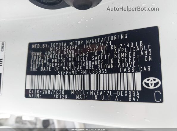 5YFP4MCE9MP086955 2021 TOYOTA COROLLA White Вид підкапотного простору