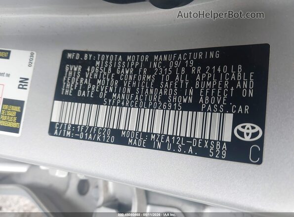5YFP4RCE0LP026915 2020 TOYOTA LL Silver Vista del compartimento del motor