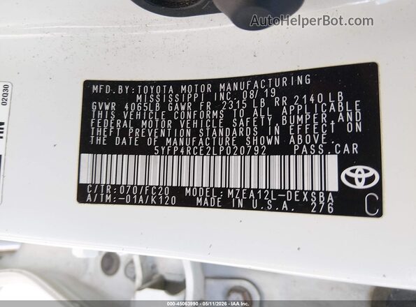 5YFP4RCE2LP020792 2020 TOYOTA LL White Շարժիչի բաժամունքի տեսք