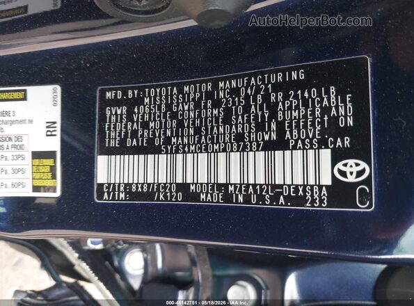 5YFS4MCE0MP087387 2021 TOYOTA COROLLA Blue Вид підкапотного простору