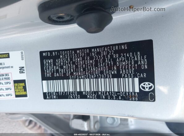5YFS4MCE0NP129798 2022 TOYOTA COROLLA Silver Вид підкапотного простору