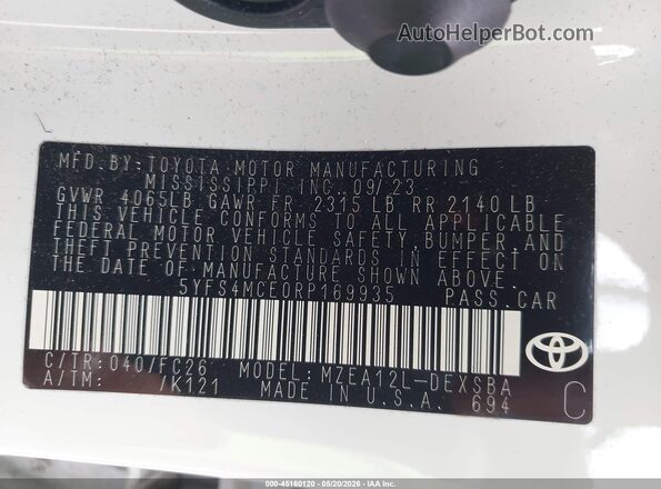 5YFS4MCE0RP169935 2024 TOYOTA COROLLA White ძრავის განყოფილების ხედი